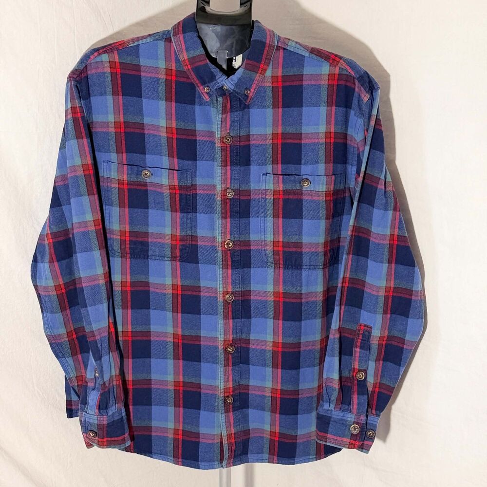 Duluth Trading Co Untucked Flannel Shirt Mens Large Blue Red Plaid Free Swingin